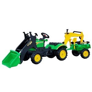 Tomido Šlapací traktor s nakladačem, rypadlem a vlečkou zelený