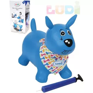LUDI Pes baby skákací modrý set zvířátko s pumpičkou a šátkem se jmenovkou