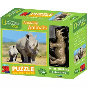 PUZZLE 3D Skládačka Nosorožec 31x23cm set 100 dílků s figurkou National Geographic